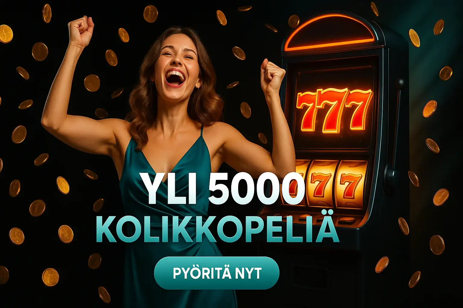 Suomalainen kasinobanneri, nainen juhlii, kolikot sataa, seiskat jackpot