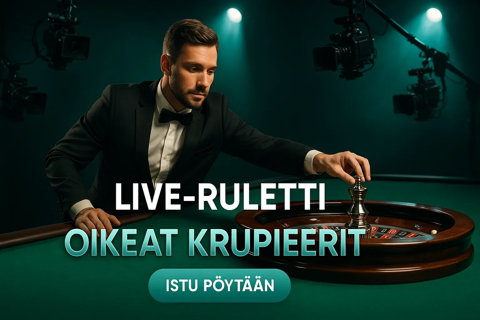 Fotorealistinen live-kasino banneri, krupieeri ja ruletin pyörä, CTA