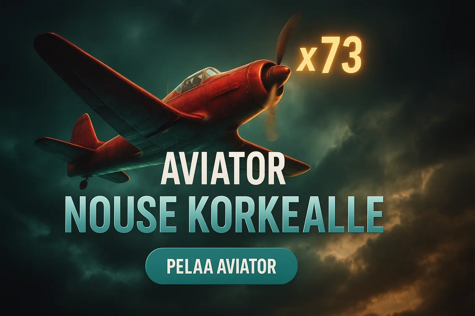 Fotorealistinen Aviator-kasinobanneri, lentokone nousee myrskytaivaalla, x73-kerroin