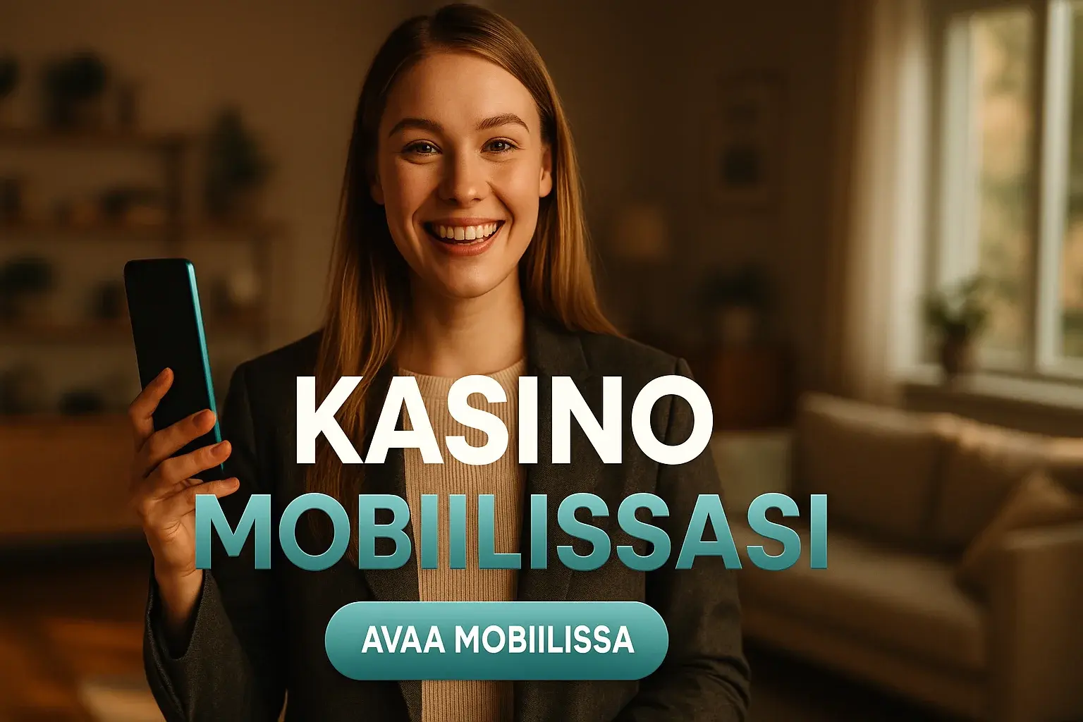 Suomalainen nainen hymyilee ja pitelee puhelinta mobiilikasinomainoksessa olohuoneessa