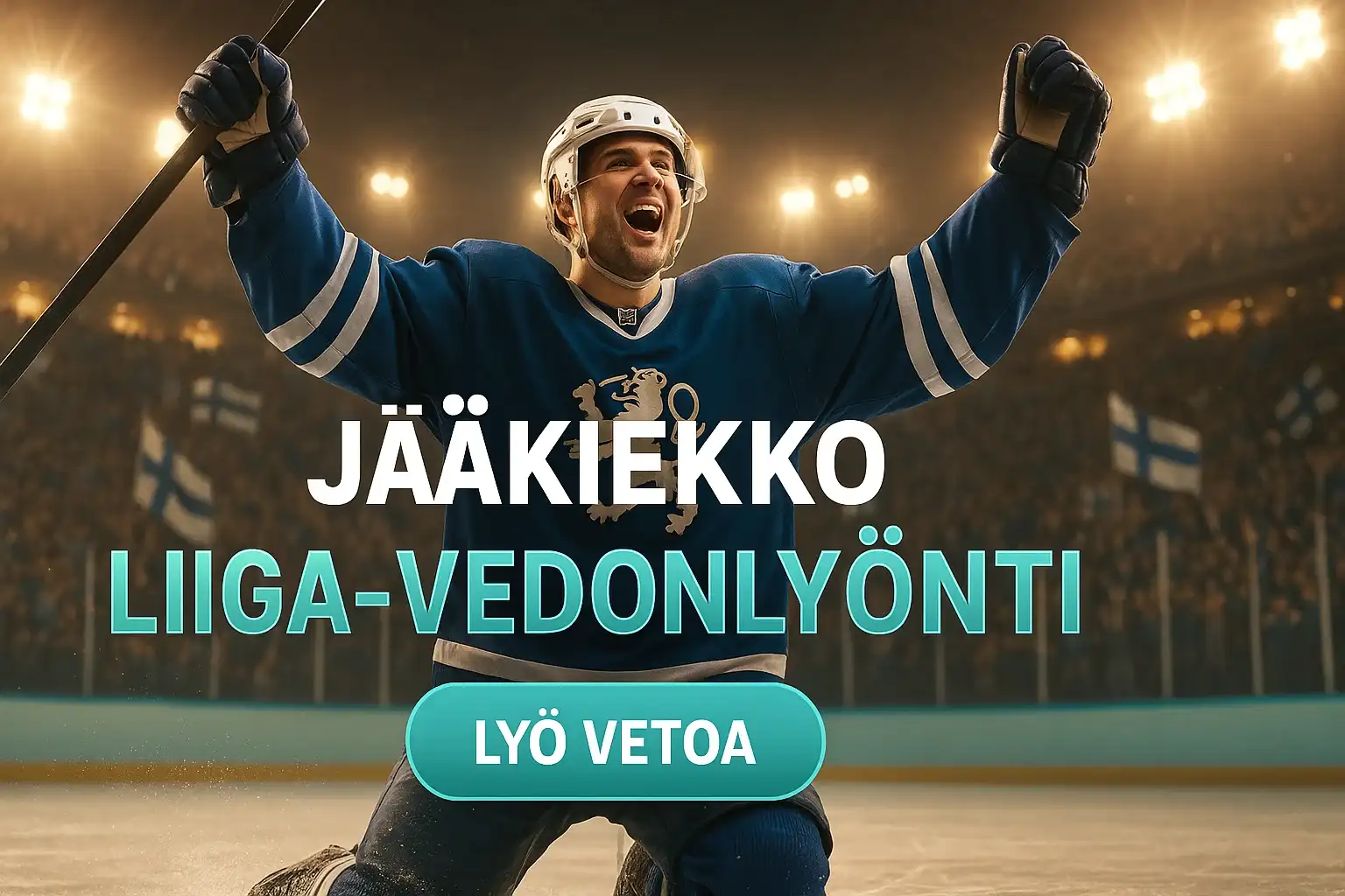 Suomalainen jääkiekkoilija juhlii maalia, Liiga-vedonlyönti mainosbanneri areenalla